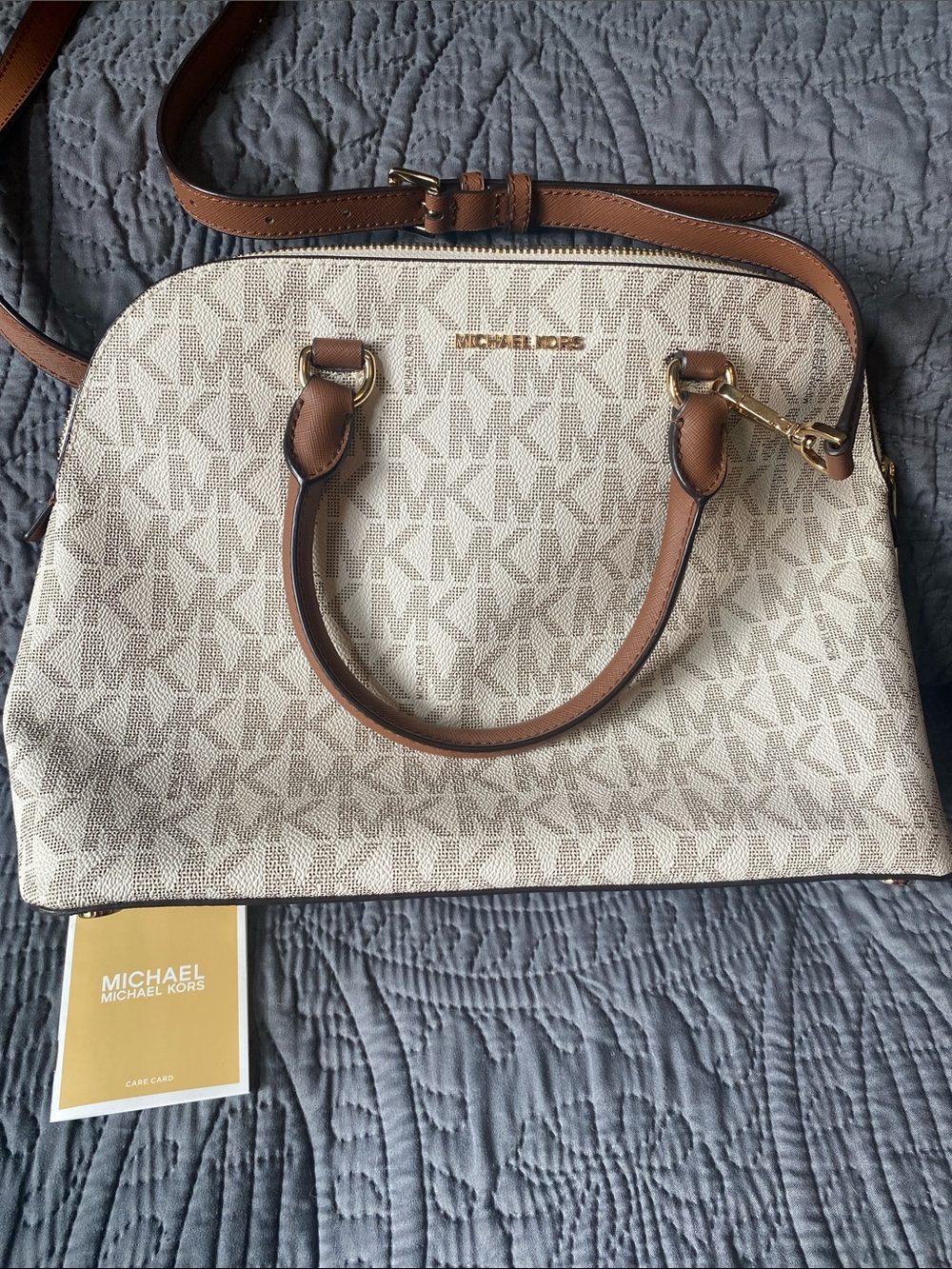 Michael Kors Cream Logo Dome Purse with Brown Trim
